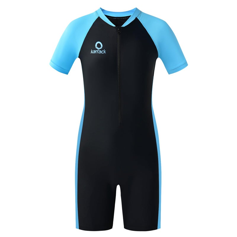 karrack Girls and Boys One Piece Rash Guard Swimsuit Kid Water Sport Short Swimsuit UPF 50+ Sun Protection Bathing Suits Black- Blue (Size 8-10Years) - Image 4