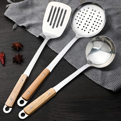 pepplo® Ladle & Slotted Spatula & Skimmers Tool Set, Best Turner, 304 Stainless Steel with Heat Resistant Wooden Handle Wok Utensils for Daily Use, 14Inch (Set of 3PCS) - Image 1