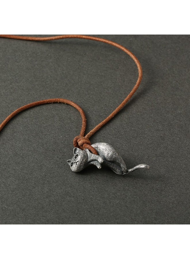 MANBO 925 Sterling Silver Cat Pendant Necklace, Vintage Distressed Lazy Kitten Charm, Thick Leather Cord Necklace for Men Women - Image 3