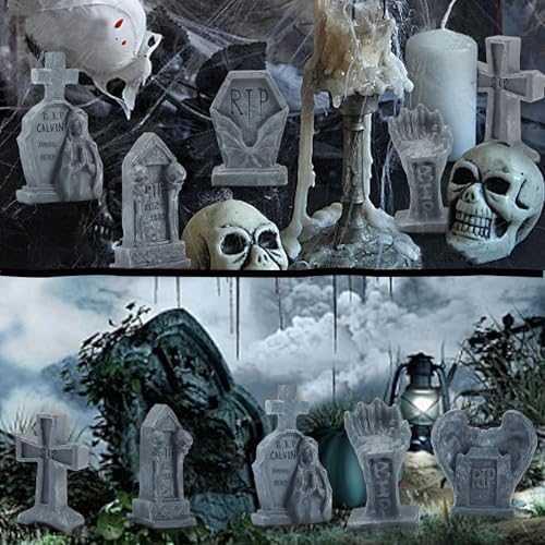 Bbiamsleep 12 Pcs Miniature Tombstones Figurine Mini Resin Tombstones Gravestone Multiple Sizes Style for Mini House Graveyard Scene Diorama Crafts Halloween Decor Accessories, Gray - Image 4