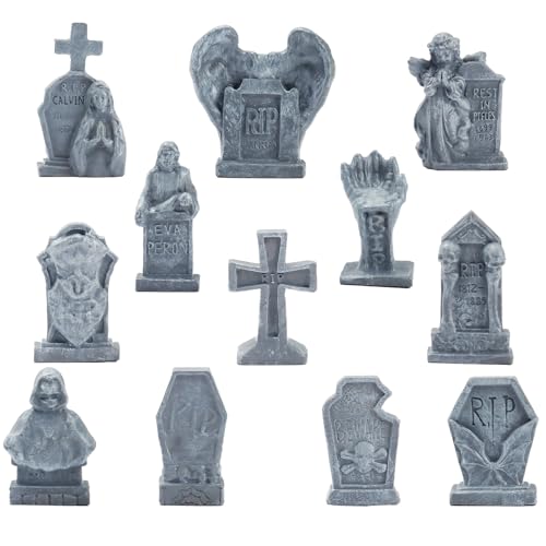 Bbiamsleep 12 Pcs Miniature Tombstones Figurine Mini Resin Tombstones Gravestone Multiple Sizes Style for Mini House Graveyard Scene Diorama Crafts Halloween Decor Accessories, Gray - Image 1