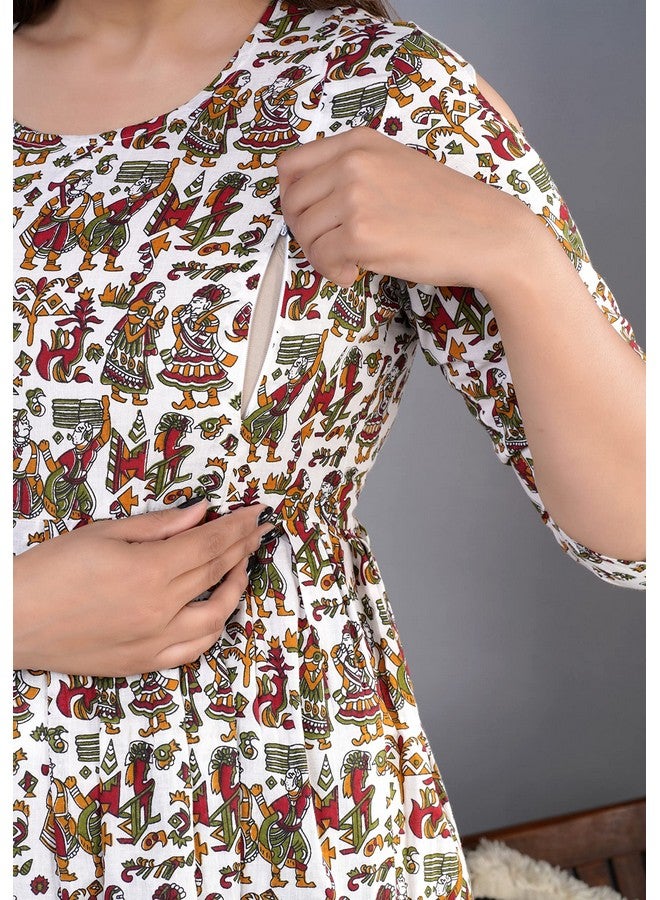 Jikonet Women's Cotton, Rayon Maternity Gown Feeding Kurti (261) (Medium, Print White) - Image 2