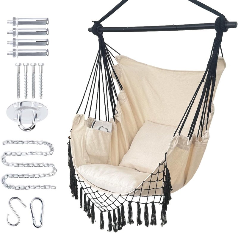 PIRNY Hammock Chair Hanging Rope Swing Chair,Max 500 Lbs, Large Hanging Chair with Pocket, 2 Cushions, Removable Steel Bar, Hardware Kit Included, Sturdy and Comfortable for Indoor Outdoor (Beige) - Image 1