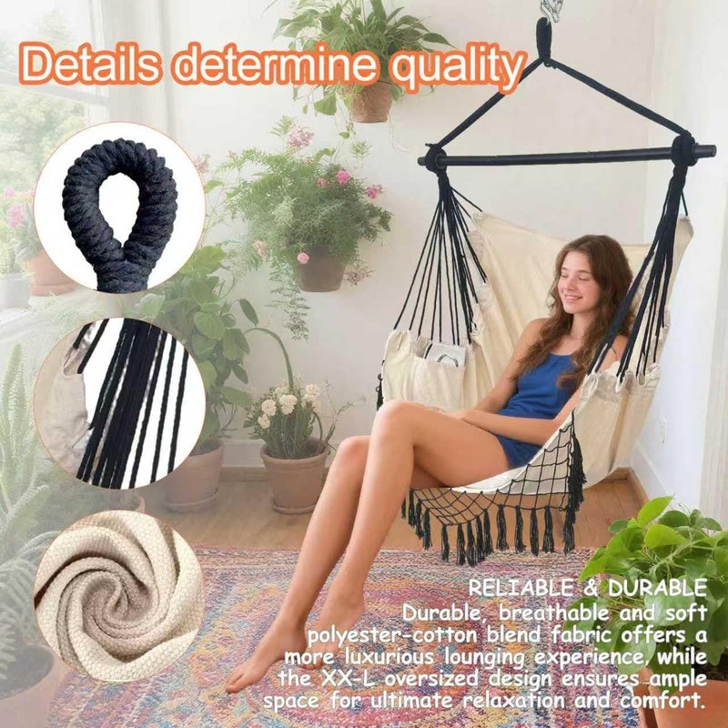 PIRNY Hammock Chair Hanging Rope Swing Chair,Max 500 Lbs, Large Hanging Chair with Pocket, 2 Cushions, Removable Steel Bar, Hardware Kit Included, Sturdy and Comfortable for Indoor Outdoor (Beige) - Image 5