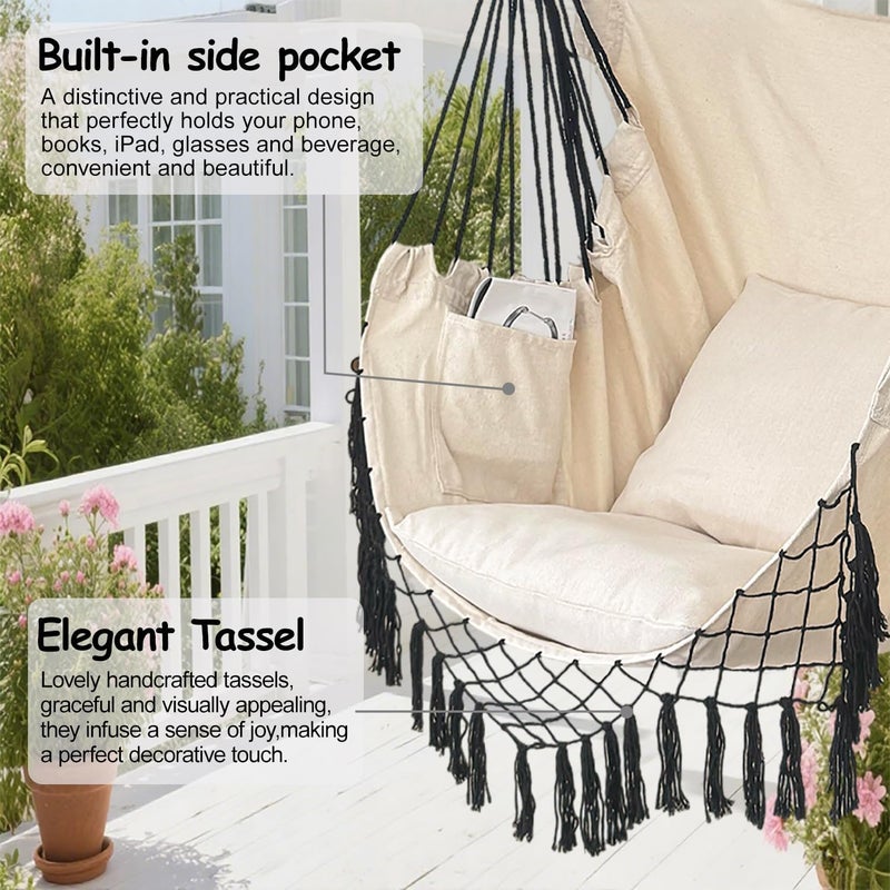 PIRNY Hammock Chair Hanging Rope Swing Chair,Max 500 Lbs, Large Hanging Chair with Pocket, 2 Cushions, Removable Steel Bar, Hardware Kit Included, Sturdy and Comfortable for Indoor Outdoor (Beige) - Image 2