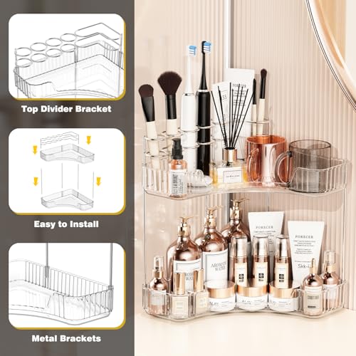 Asayuee 2-Tier Corner Bathroom Counter Organizer with Top Toothbrush Holders,Large Makeup Organizer Countertop with Brush Holder,Skincare Organizers Corner,Exquisite Vanity Organizer(Clear, 2 Tier) - Image 5