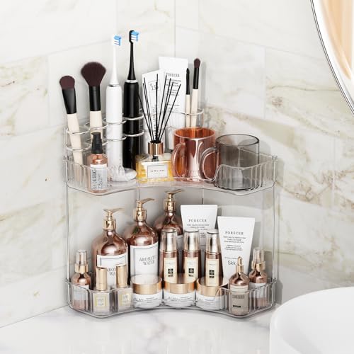 Asayuee 2-Tier Corner Bathroom Counter Organizer with Top Toothbrush Holders,Large Makeup Organizer Countertop with Brush Holder,Skincare Organizers Corner,Exquisite Vanity Organizer(Clear, 2 Tier) - Image 4