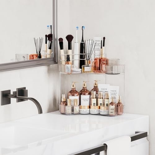 Asayuee 2-Tier Corner Bathroom Counter Organizer with Top Toothbrush Holders,Large Makeup Organizer Countertop with Brush Holder,Skincare Organizers Corner,Exquisite Vanity Organizer(Clear, 2 Tier) - Image 2