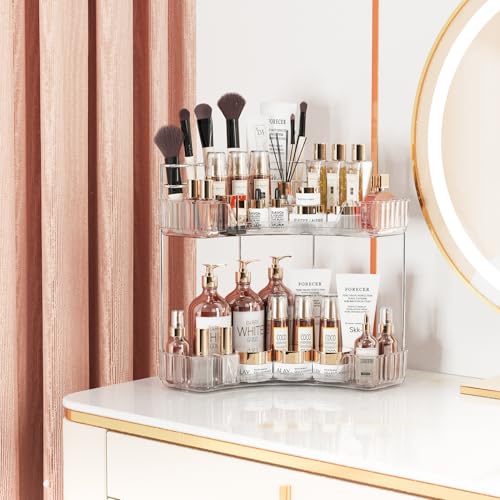 Asayuee 2-Tier Corner Bathroom Counter Organizer with Top Toothbrush Holders,Large Makeup Organizer Countertop with Brush Holder,Skincare Organizers Corner,Exquisite Vanity Organizer(Clear, 2 Tier) - Image 3