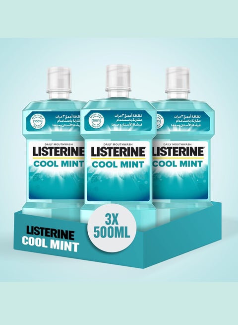 Listerine, Cool Mint Daily Mouthwash, Mint Flavour, kills 99% of germs that cause plaque and bad breath, when used twice daily, 500ml (Pack of 3)