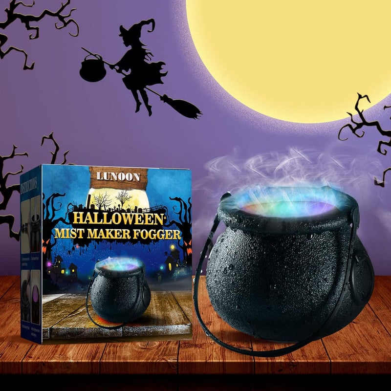 woobles Halloween Witch Cauldron Mist Maker Fogger, Black Led Light Jar Decors Geyser Pond Fog Punch Bowl for Christmas Party Home Room Decor (Black) (001) Black - Image 3