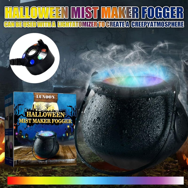 woobles Halloween Witch Cauldron Mist Maker Fogger, Black Led Light Jar Decors Geyser Pond Fog Punch Bowl for Christmas Party Home Room Decor (Black) (001) Black - Image 2