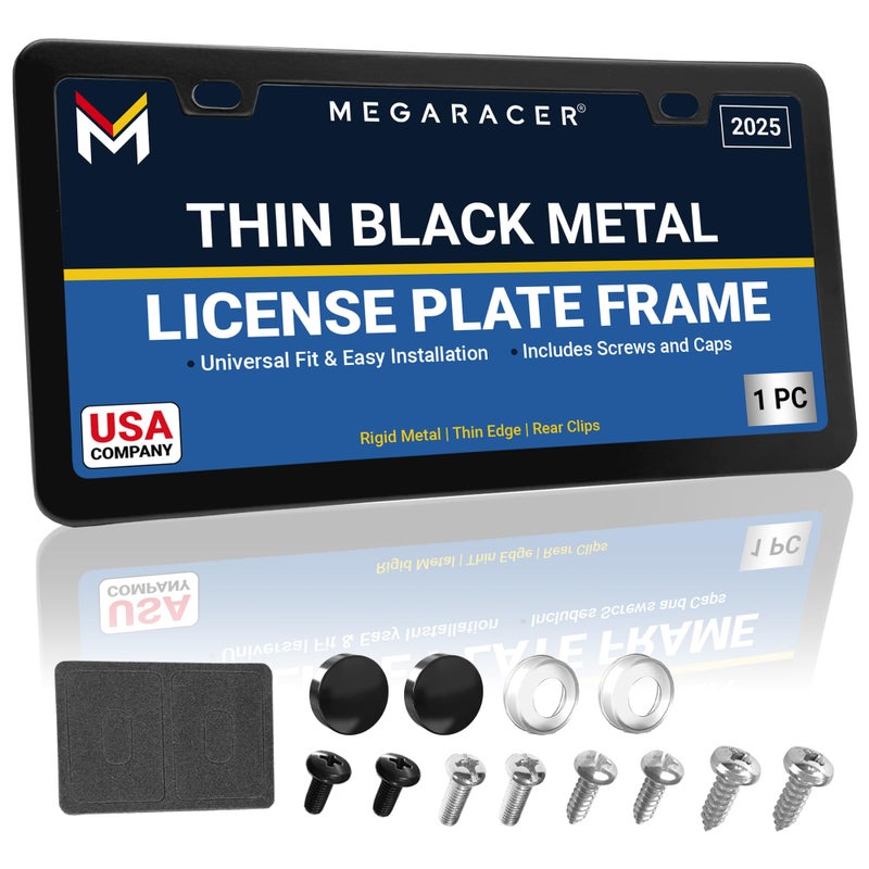 Mega Racer Premium Thin Matte Black License Plate Frame - 1 Piece, Rust-Free Stainless Steel, Rattle-Free, Street Legal with Screw Caps, Slim Metal Front & Rear Car Tag Holder - Fits BMW, Audi, Lexus & More - Image 1