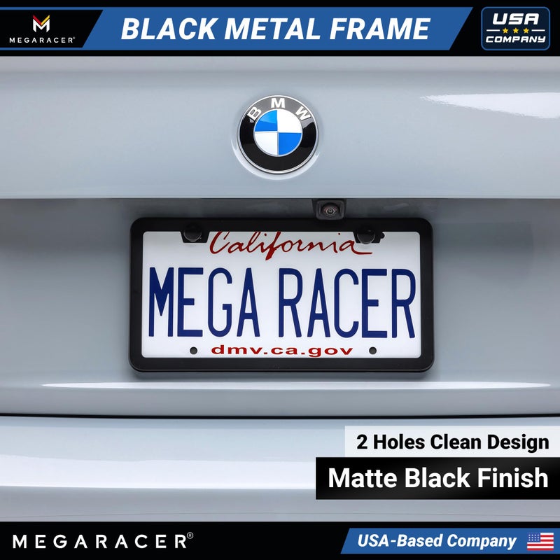 Mega Racer Premium Thin Matte Black License Plate Frame - 1 Piece, Rust-Free Stainless Steel, Rattle-Free, Street Legal with Screw Caps, Slim Metal Front & Rear Car Tag Holder - Fits BMW, Audi, Lexus & More - Image 2