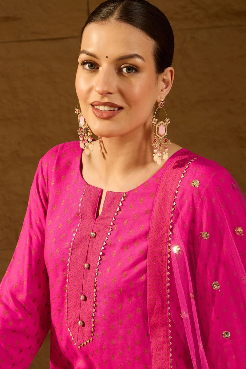 ZERESOUQ Pink Viscose Rayon Motifs Printed Straight 3-Piece Kurta Set