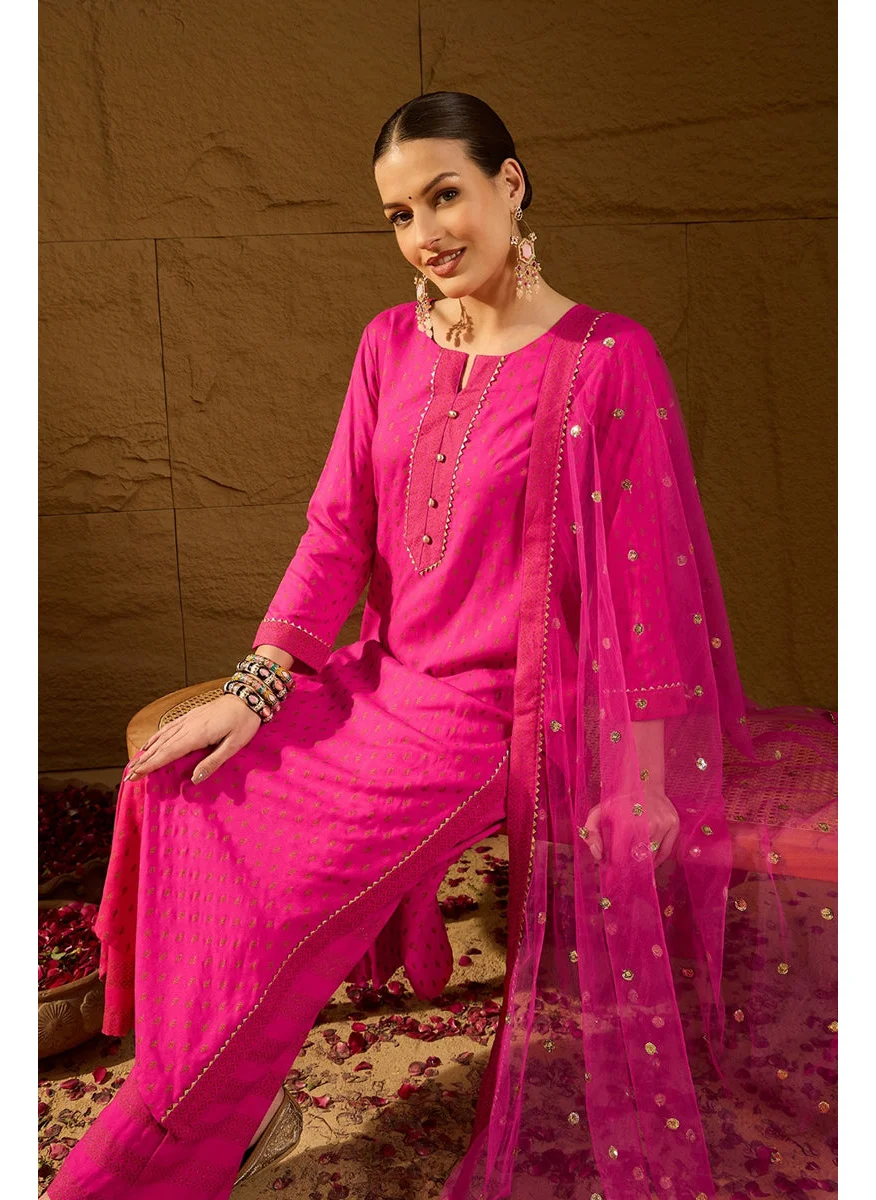 زيري سوق Pink Viscose Rayon Motifs Printed Straight 3-Piece Kurta Set