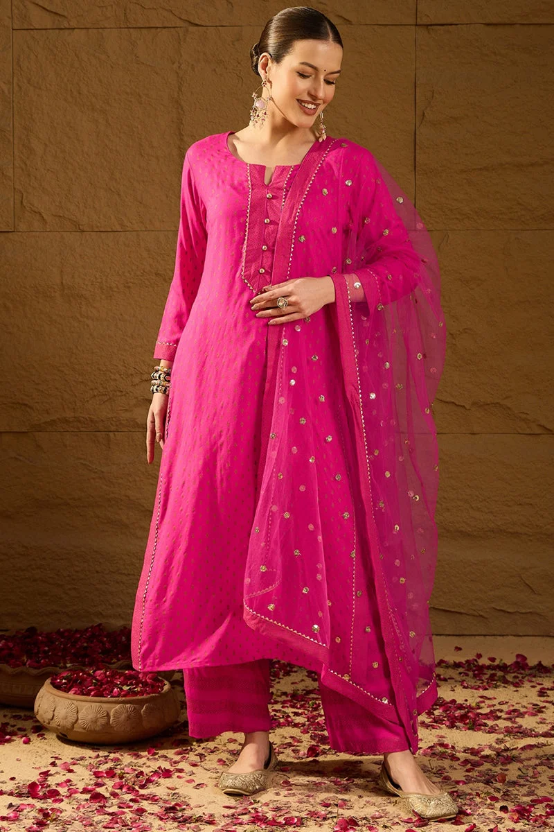 ZERESOUQ Pink Viscose Rayon Motifs Printed Straight 3-Piece Kurta Set