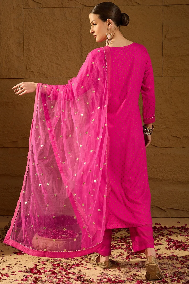 ZERESOUQ Pink Viscose Rayon Motifs Printed Straight 3-Piece Kurta Set