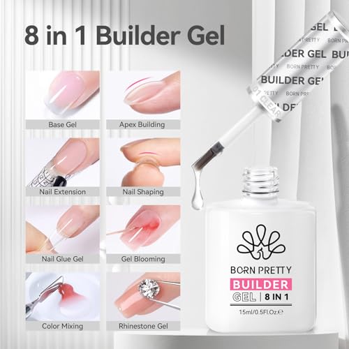 BORN PRETTY Builder Gel for Nails8in1 Clear Builder Nail Gel for Nail Apex and Gel Extension StrengthenerNail GLue Gel Hard Gel Base Rhinestone Nail Glue Gel in a Bottle 15ml - Image 5