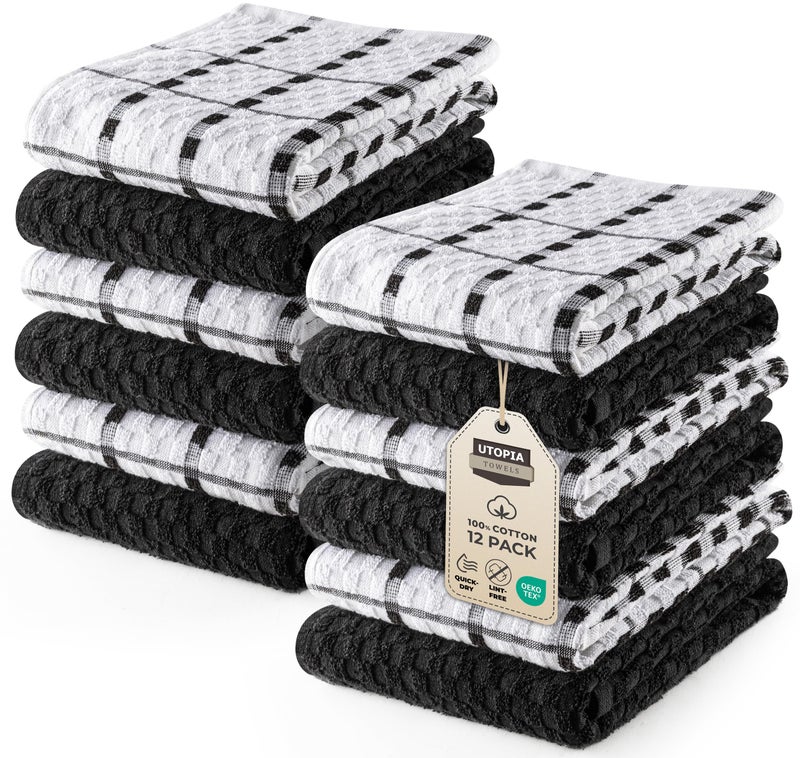 Utopia Towels Kitchen Towels 12 Pack 15 x 25 Inches 100 Ring Spun Cotton Super Soft and Absorbent Linen Dish Tea and Bar Towels Set Black