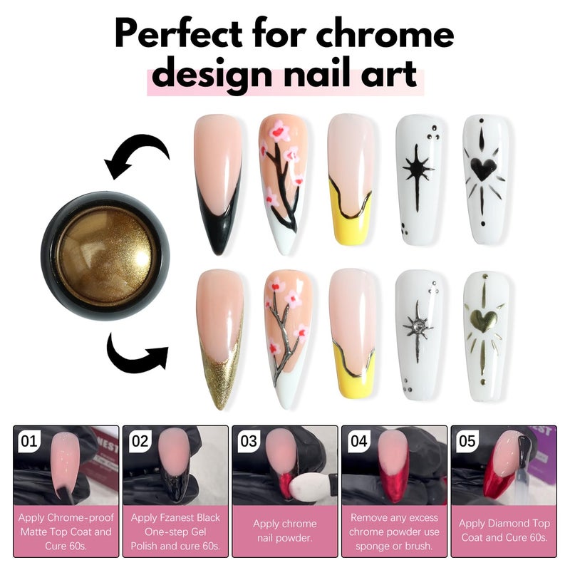 FZANEST Black Gel Polish Top Base Coat for Chrome Nail Powder, Hema-Free 3 in 1 One Step Gel Nail Polish Soak Off LED UV Nail Art Starter Manicure 15ml - Image 4