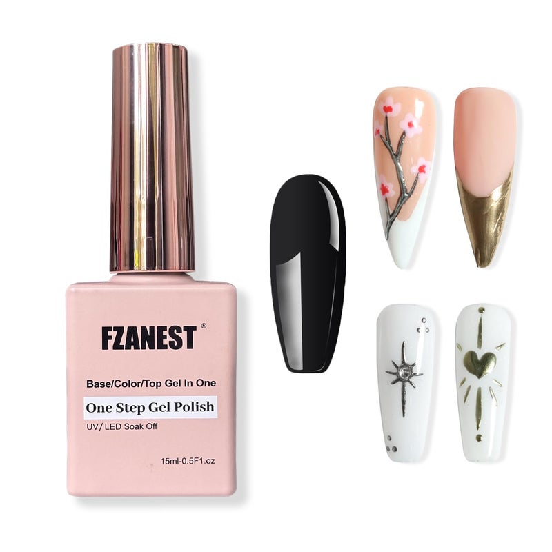 FZANEST Black Gel Polish Top Base Coat for Chrome Nail Powder, Hema-Free 3 in 1 One Step Gel Nail Polish Soak Off LED UV Nail Art Starter Manicure 15ml - Image 1