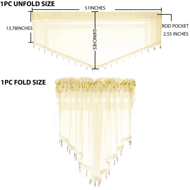 PearAge Beaded Sheer Valance Curtains for Living Room,Rod Pocket Farmhouse Window Valance, Bead Trim Tassel Voile Sheer Curtain Valance for Bedroom Bathroom Cafe 51x24 Inches (Beige) 1PC - Image 2