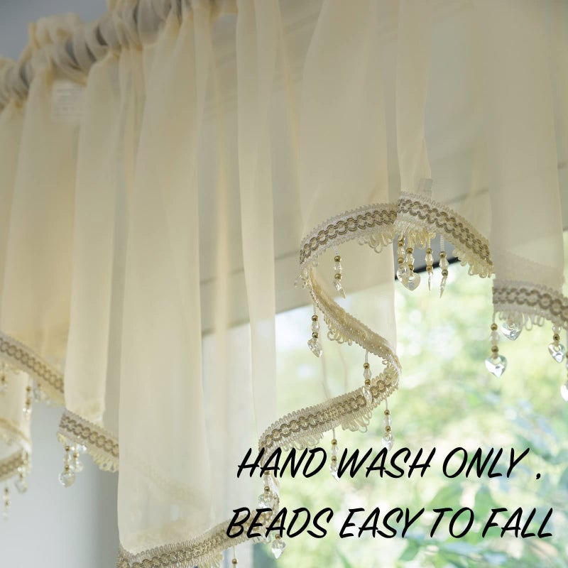 PearAge Beaded Sheer Valance Curtains for Living Room,Rod Pocket Farmhouse Window Valance, Bead Trim Tassel Voile Sheer Curtain Valance for Bedroom Bathroom Cafe 51x24 Inches (Beige) 1PC - Image 5