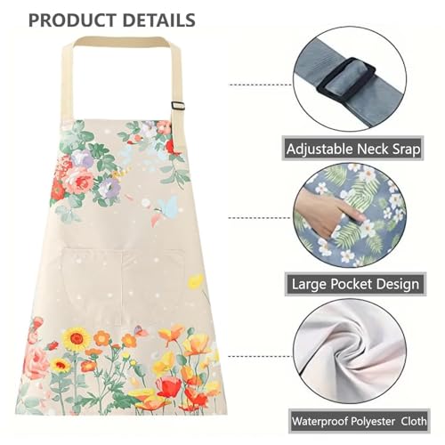 DARSHANAM WORLD Apron for Women with Pockets, Adjustable Waterproof Floral Chef Aprons for Kitchen, Gardening, Cooking, BBQ or Baking,Dusting, Home.(CREAM) - Image 3