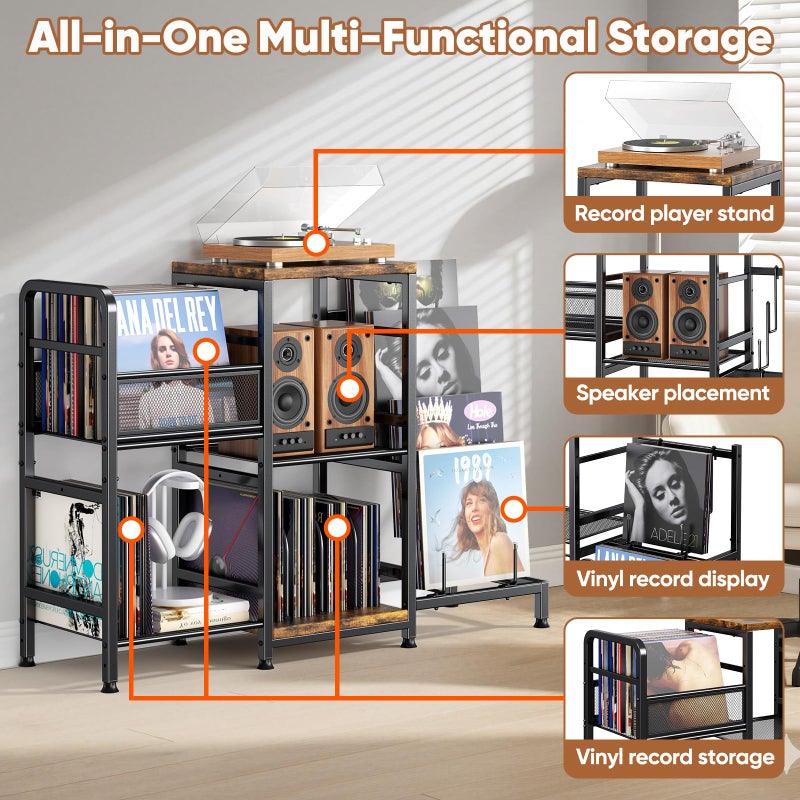 POKIPO Large Record Player Stand, Vinyl Record Storage Holds up to 400+ Albums, 3 Tier Turntable Stand with Display Shelf, 3-in-1 Multifunctional Record Player Cabinet Media Console Table for Stereo - Image 3