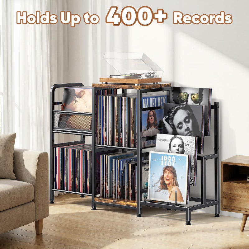 POKIPO Large Record Player Stand, Vinyl Record Storage Holds up to 400+ Albums, 3 Tier Turntable Stand with Display Shelf, 3-in-1 Multifunctional Record Player Cabinet Media Console Table for Stereo - Image 4
