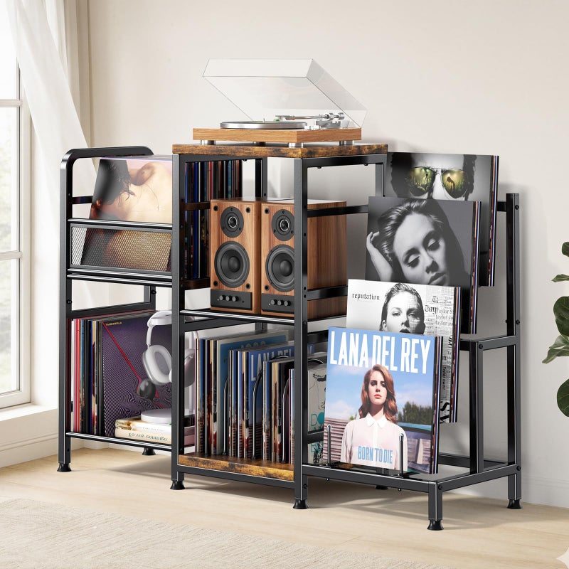 POKIPO Large Record Player Stand, Vinyl Record Storage Holds up to 400+ Albums, 3 Tier Turntable Stand with Display Shelf, 3-in-1 Multifunctional Record Player Cabinet Media Console Table for Stereo - Image 1