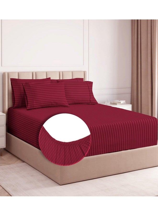 BSB HOME BSB HOME Premium Cotton 220tc Elastic Fitted Bedsheets with 2 Pillow Covers | King Size Bed with All Around Elastic 220 TC Supersoft Striped Pattren Breathable |Size-78 x72+10 inches |Maroon  - Image 1