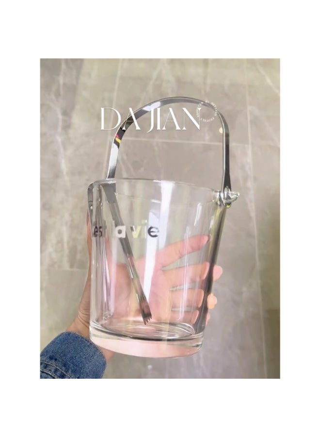 Glass Ice Bucket Household With Ice Clip Cola Bucket Summer Portable Fruit Fishing Large Capacity Container Beverage Cup Utensils-Color:900ml Glass Ice Bucket + Ice Clip (black Cest)-Capacity:Standard
