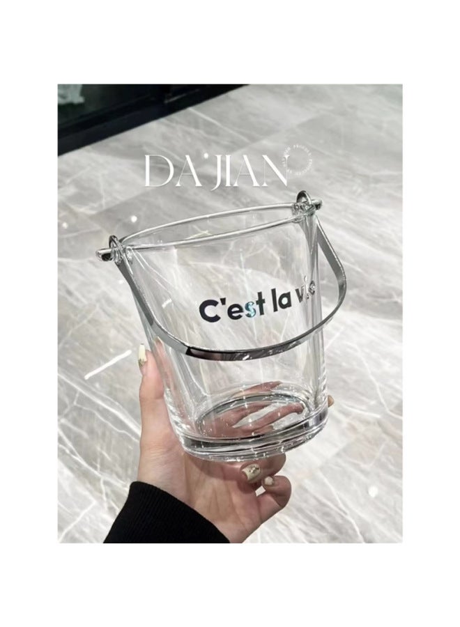 Glass Ice Bucket Household With Ice Clip Cola Bucket Summer Portable Fruit Fishing Large Capacity Container Beverage Cup Utensils-Color:900ml Glass Ice Bucket + Ice Clip (black Cest)-Capacity:Standard