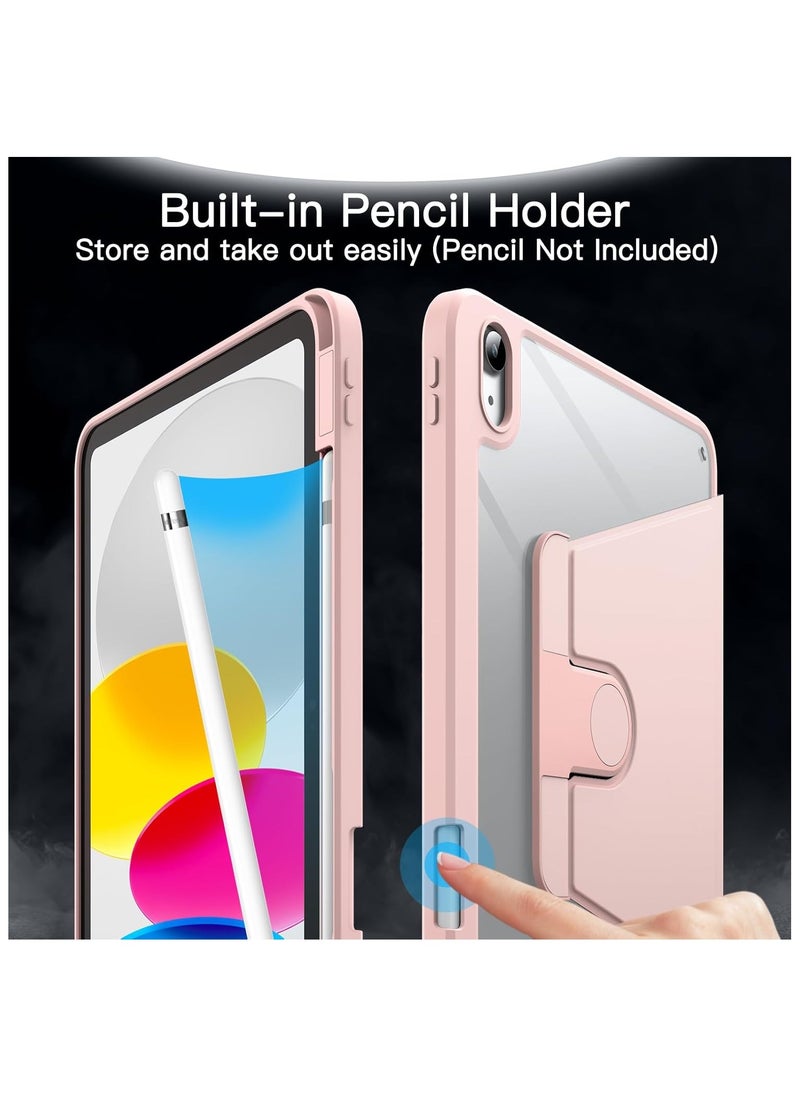 Case for iPad 10th Generation 10.9 2022 / iPad 11th Generation (A16) 10.9 Inch 2025 Built-in Pencil Holder 360 Degree Rotation Protective Stand Cover Clear Back,  (Auto Wake / Sleep ) Clear / Pink