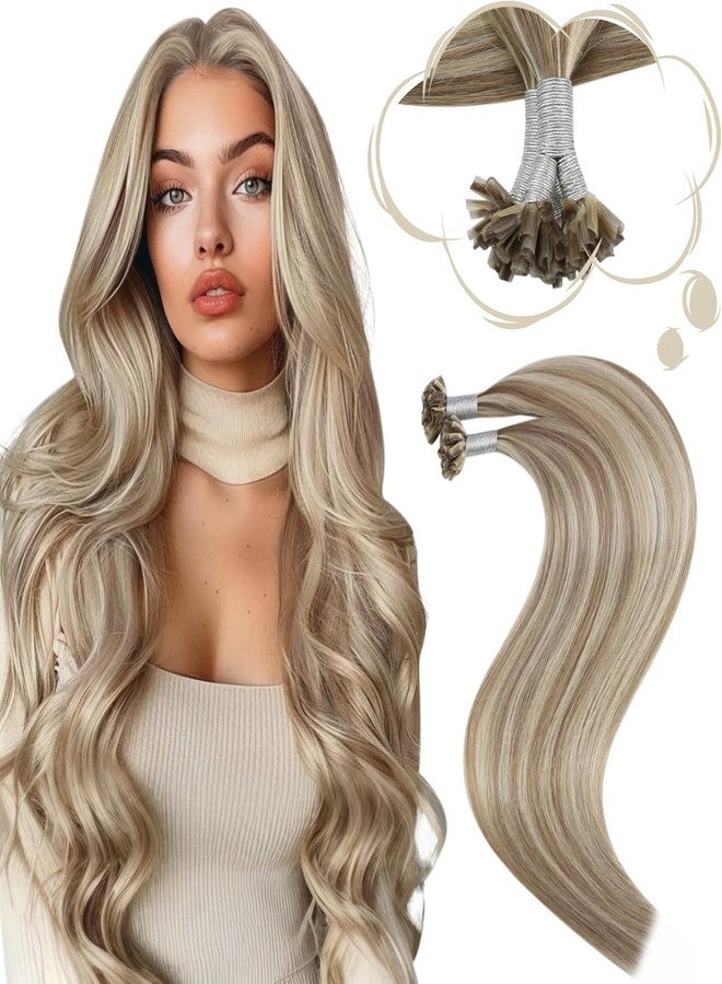 Moresoo U Tip Hair Extensions Human Hair Light Brown Mixed with Platinum Blonde Highlight U Tip Pre Bonded Hair Extensions Remy Human Hair 50G 50S 16 Inch - Image 1