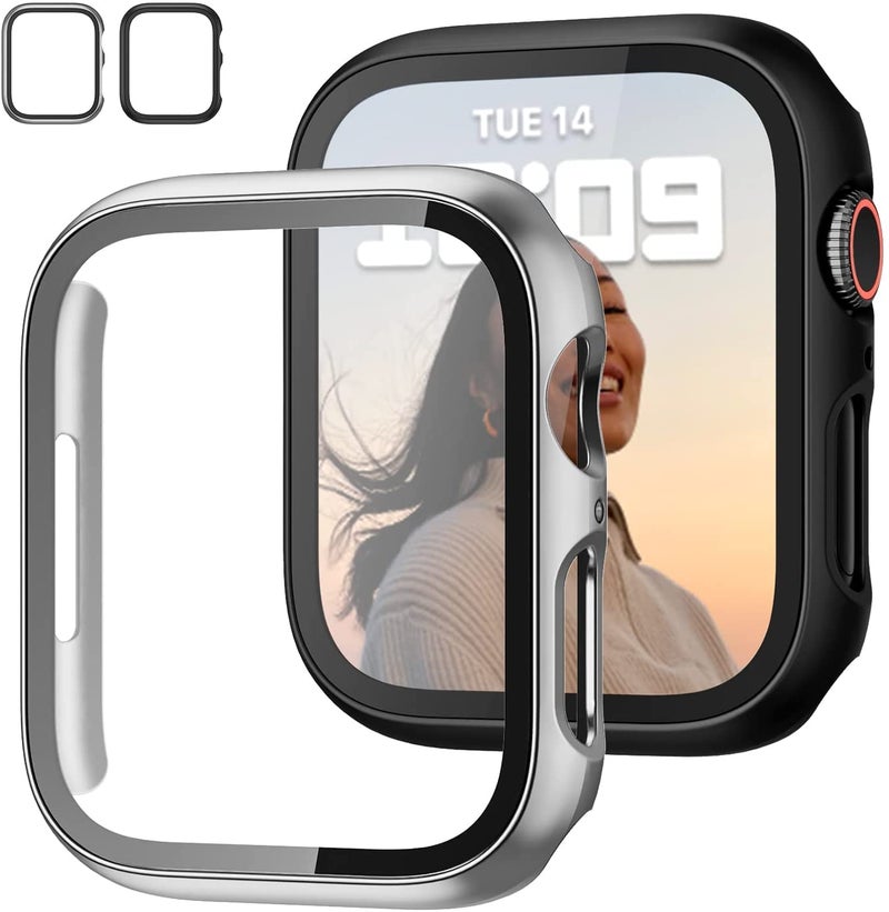 AWH Apple Watch Series 7 41/45mm 2-Pack Case with Tempered Glass Screen Protector, Slim Bumper Hard PC Ultra-Thin Cover, 41mm Black+Silver - Image 1