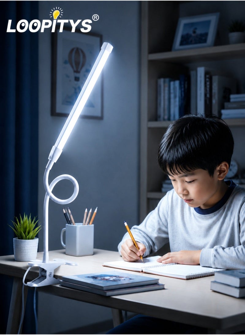 لوبيتيز مصباح مكتب LED بمشبك، مصباح تثبيت لحماية العين للمكتب والمنزل، 3 أوضاع إضاءة و10 مستويات سطوع، ذراع مرن طويل قابل للتعديل من المعدن، مصباح عمل هندسي للطاولة، لون أبيض، حجم صغير - Image 1