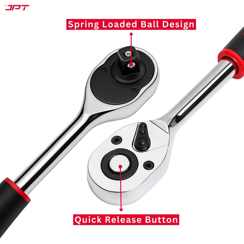 JPT مجموعة مفاتيح ربط 12 في 1 1/2" | بناء من كروم فانياديوم مع تصميم 6 نقاط | مفتاح ربط مع وضع عكسي سريع الإطلاق وكرة محملة بنابض | الأفضل للمنزل، السيارة، الدراجة، إصلاح السيارات - Image 4
