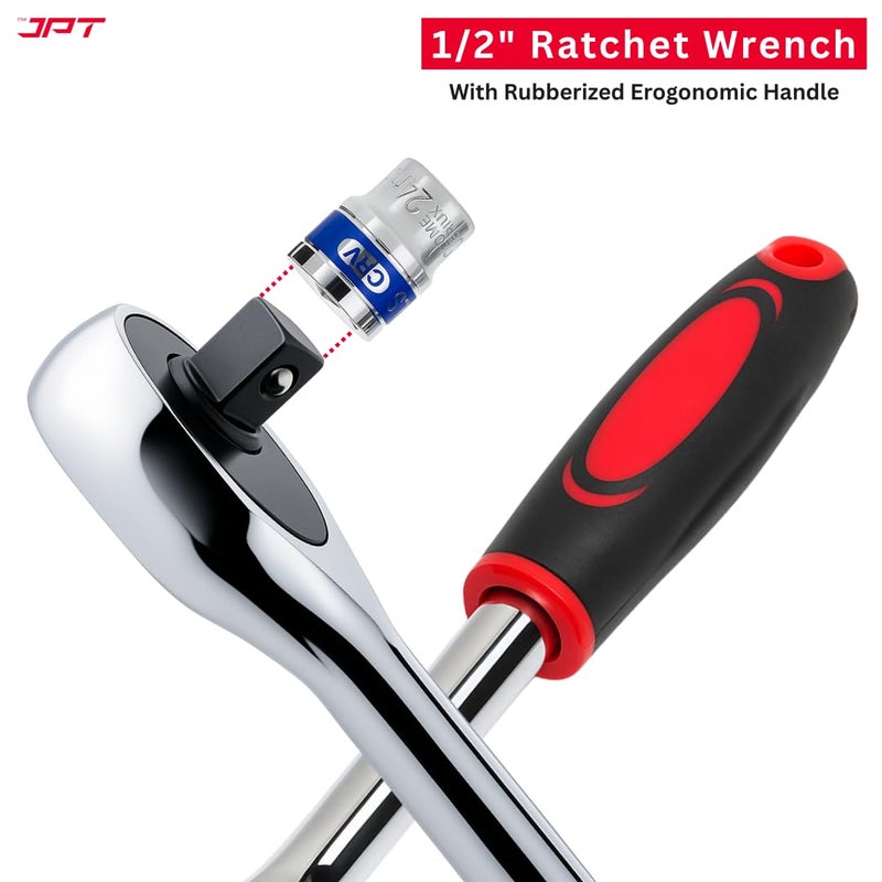 JPT مجموعة مفاتيح ربط 12 في 1 1/2" | بناء من كروم فانياديوم مع تصميم 6 نقاط | مفتاح ربط مع وضع عكسي سريع الإطلاق وكرة محملة بنابض | الأفضل للمنزل، السيارة، الدراجة، إصلاح السيارات - Image 5