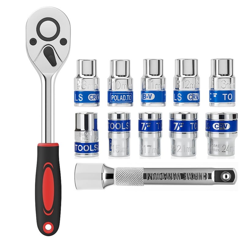 JPT مجموعة مفاتيح ربط 12 في 1 1/2" | بناء من كروم فانياديوم مع تصميم 6 نقاط | مفتاح ربط مع وضع عكسي سريع الإطلاق وكرة محملة بنابض | الأفضل للمنزل، السيارة، الدراجة، إصلاح السيارات - Image 1