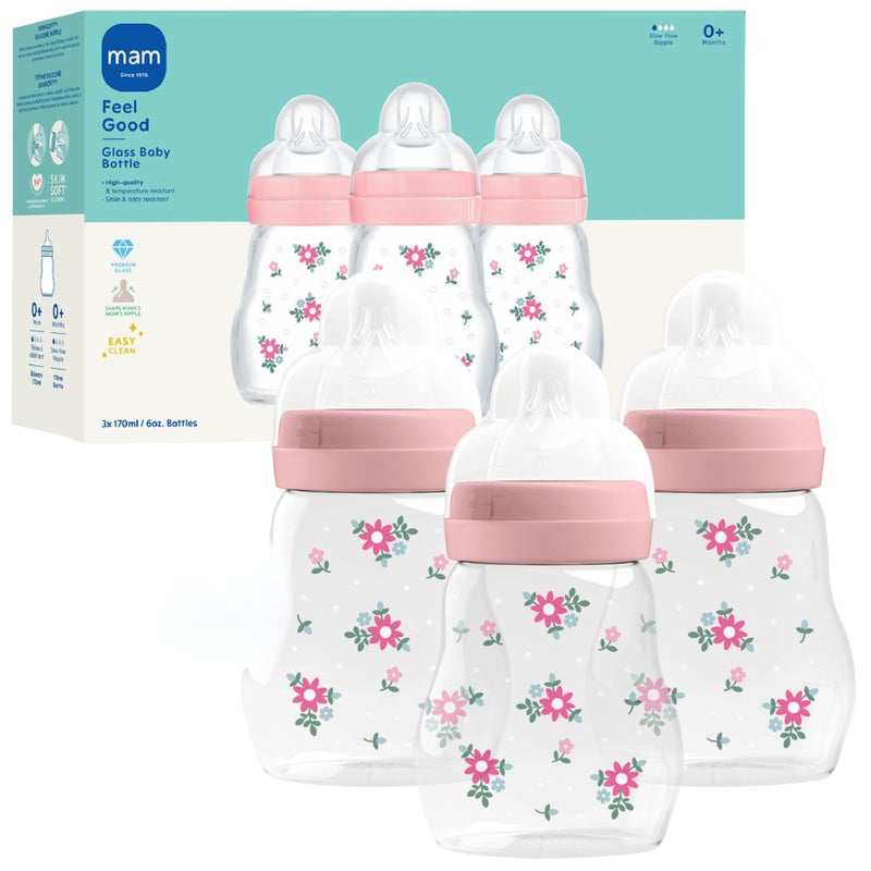 MAM 6oz Premium Glass Wide Neck Baby Bottle with Slow Flow Breastfeeding-Like Silicone Nipple, Easy to Clean,BPA Free, 0+ Months, Easy Switch Between Breast and Bottle, Made in Europe, 3 Pack Girl - Image 1