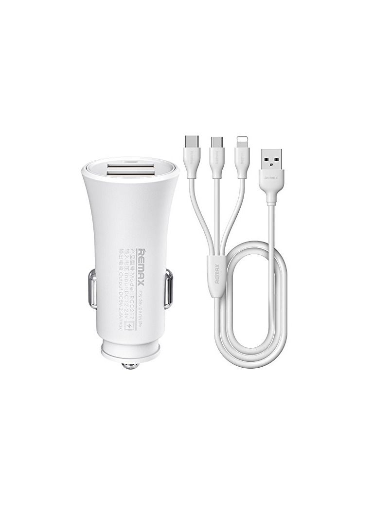 ريماكس شاحن سيارة Rcc-217 من سلسلة Roki بمخارج USB مزدوجة 2.4 أمبير مع كابل 3 * 1 - أبيض - Image 2