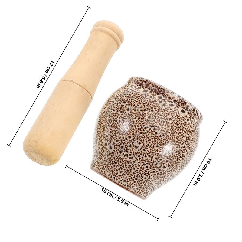 White Speckled Ceramic Garlic Crusher Mortar and Pestle Set with Wooden Pestle - Image 3