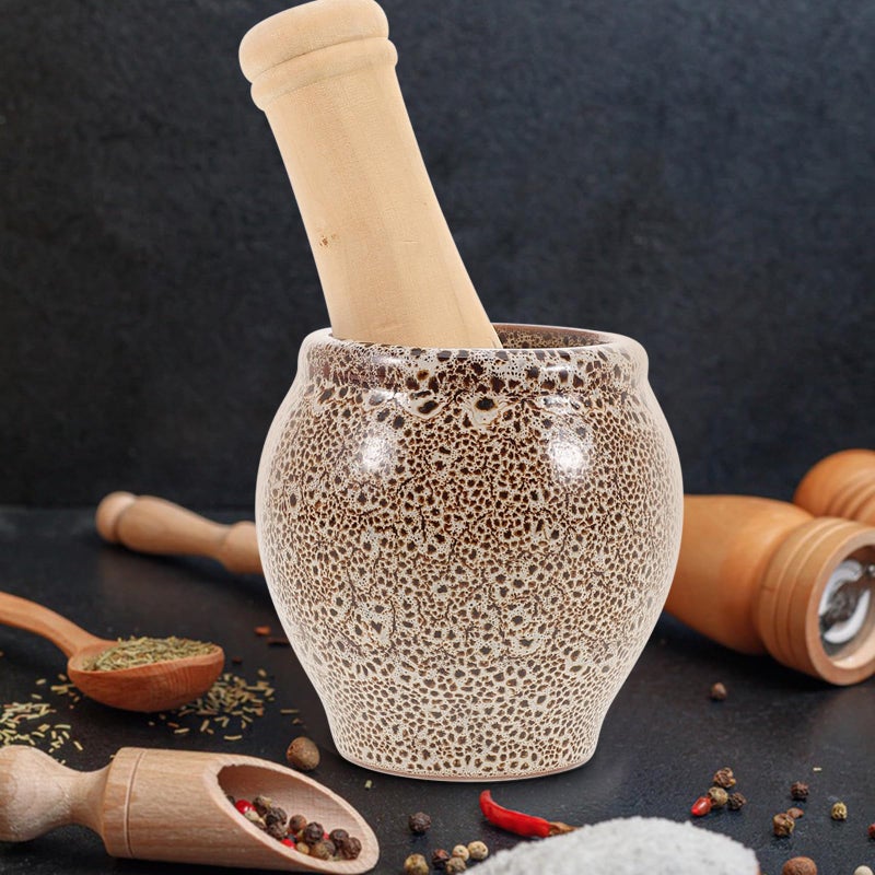 White Speckled Ceramic Garlic Crusher Mortar and Pestle Set with Wooden Pestle - Image 5