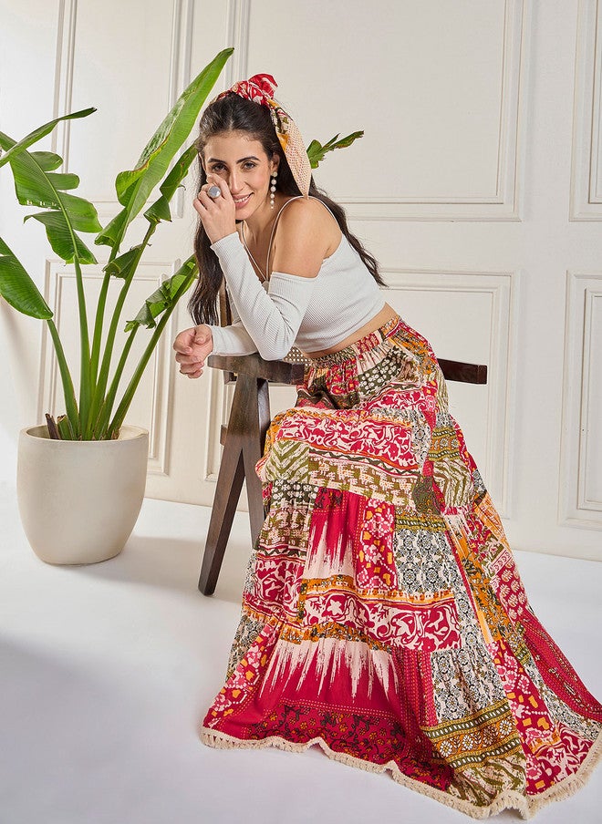 WineRed تنورة ماكسي متعددة الطبقات بنقوش عرقية للنساء - Image 4