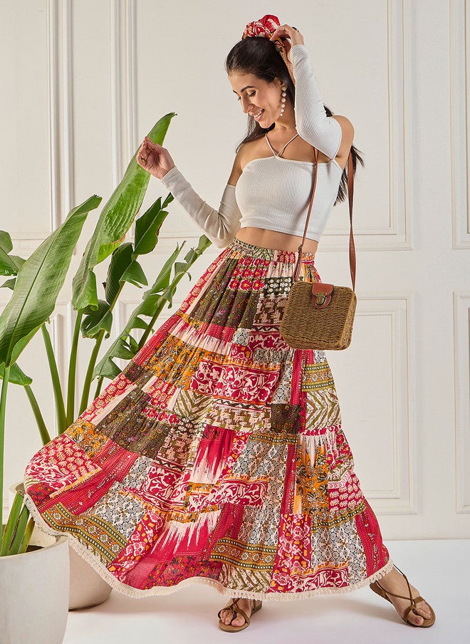 WineRed تنورة ماكسي متعددة الطبقات بنقوش عرقية للنساء - Image 1