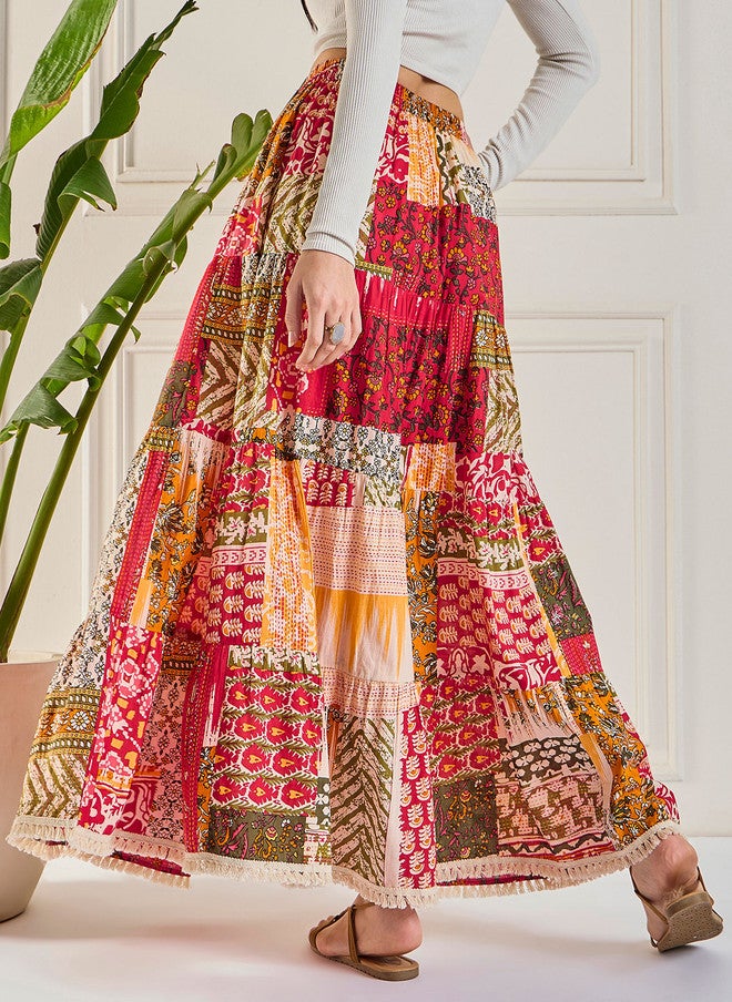 WineRed تنورة ماكسي متعددة الطبقات بنقوش عرقية للنساء - Image 3