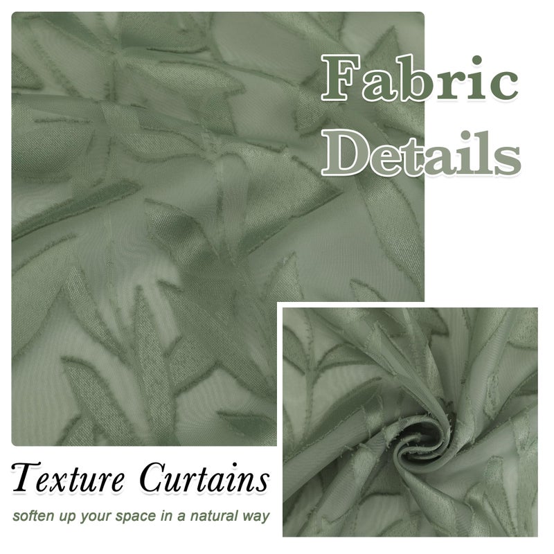 Lecloud Leia Sage Green Sheer Valances for Windows 14 Inch Length 2 Pcs, Jacquard Leaf Textured Cafe Kitchen Short Curtains with Dual Rod Pockets, Small Curtain for Living Room Bedroom, 30" W x 14" L - Image 3